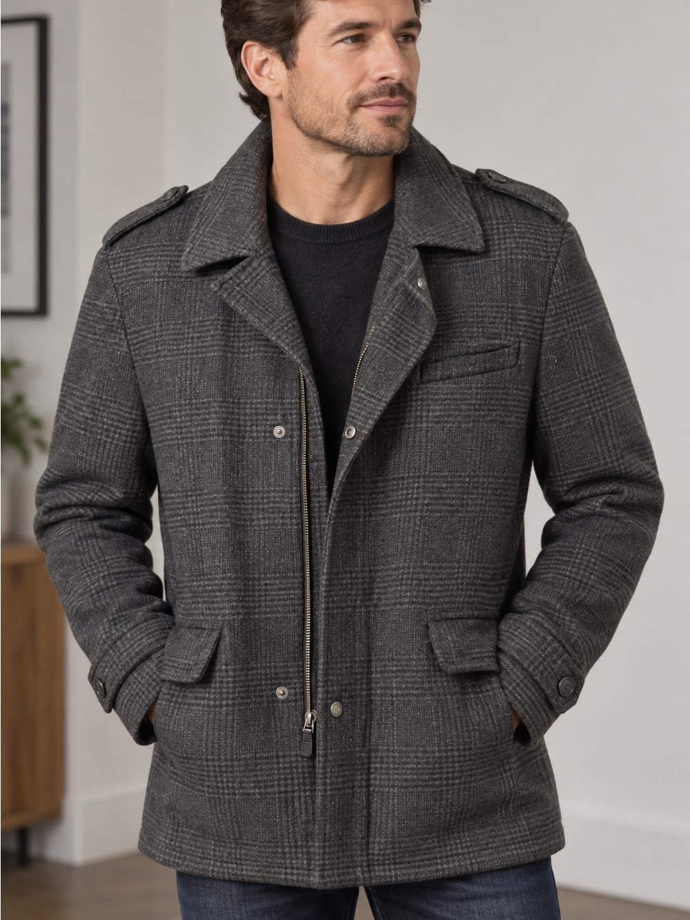 Banana Republic Charcoal Plaid Pea Coat